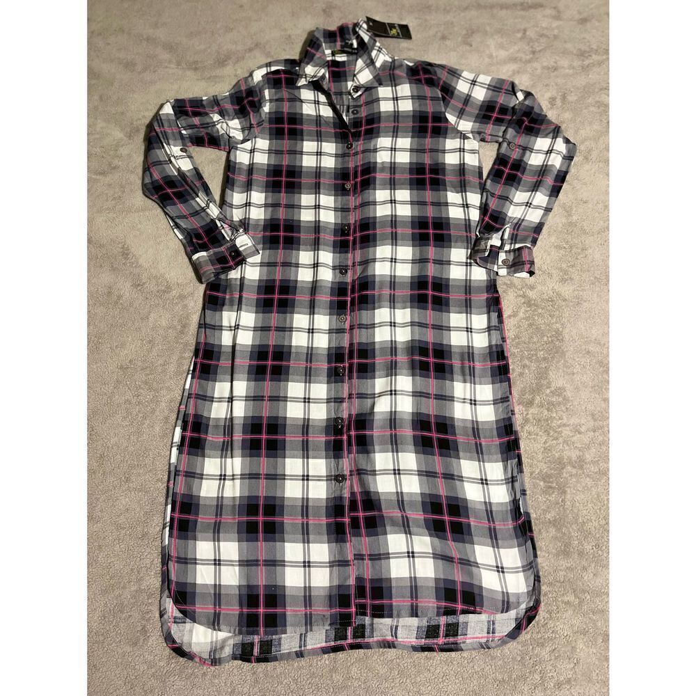 New Black White Gray Hot Pink Plaid Long Cardigan Duster Shirt Jacket Sz S (F5)
